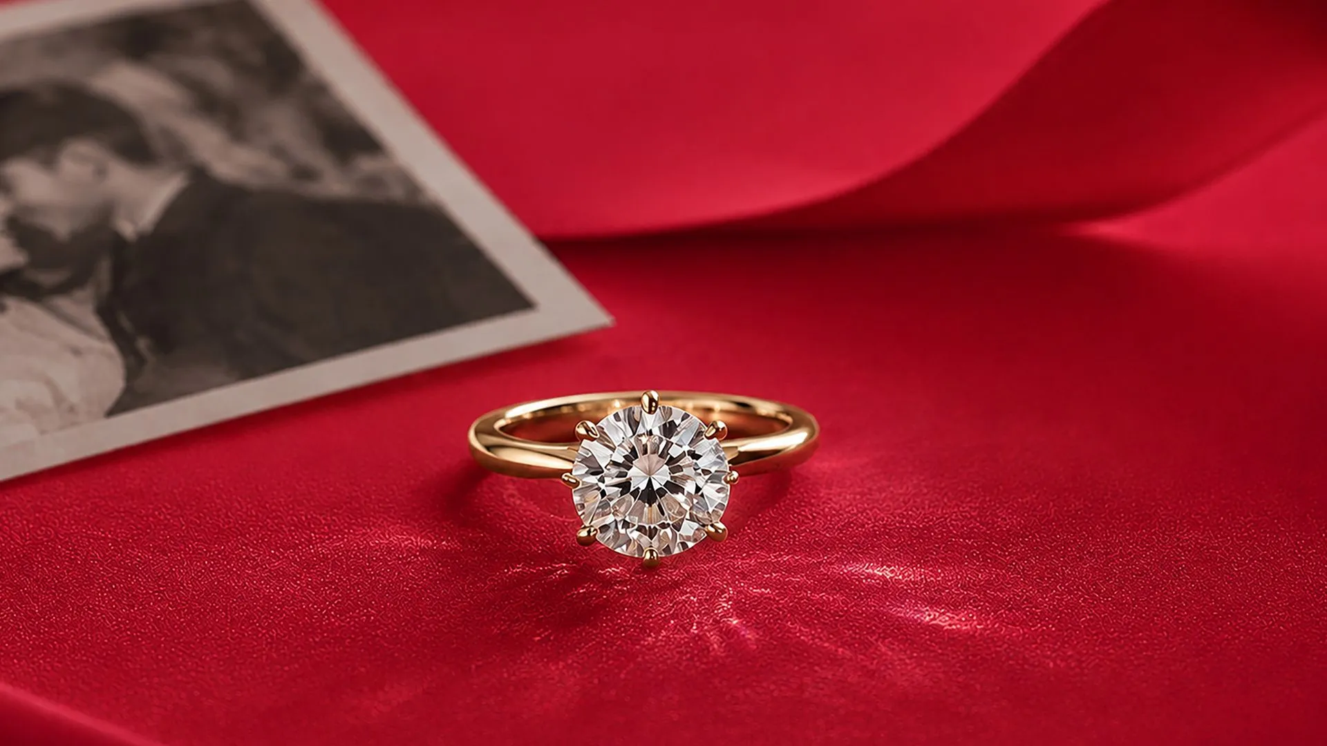 A yellow-gold solitaire diamond ring resting on red satin beside a vintage black-and-white photograph